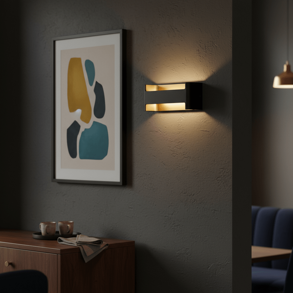 Feloniche LED Wall Light in black and gold illuminating a wall beside framed artwork, creating a warm ambiance.