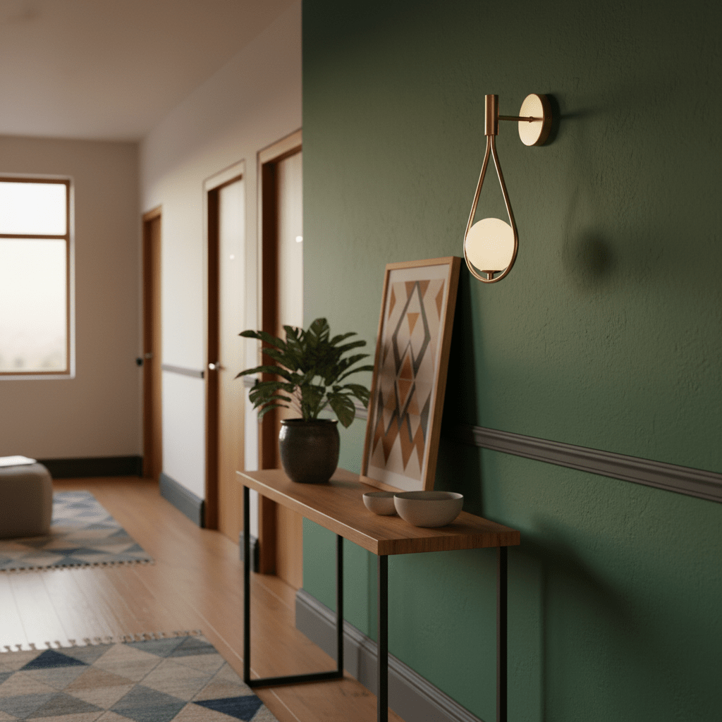 Satin gold tear-drop wall light mounted on a green wall above a wooden console table with decor.