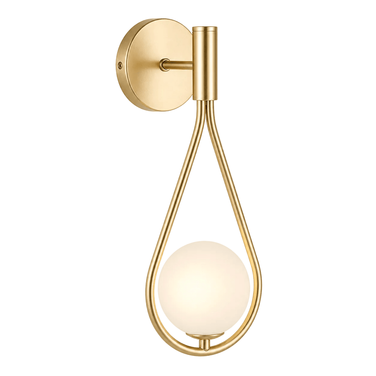 Satin gold wall light in a teardrop shape with a frosted glass globe, mounted on a circular base.