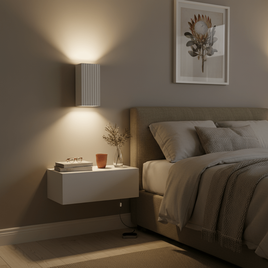 Clara Up & Down Wall Light in a cozy bedroom setting, illuminating the wall above a bedside table.