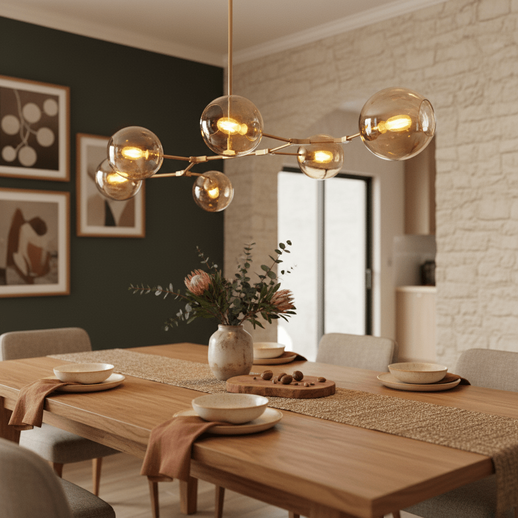 Horizontal pendant light with amber glass shades above a wooden dining table set with plates and a vase of flowers.