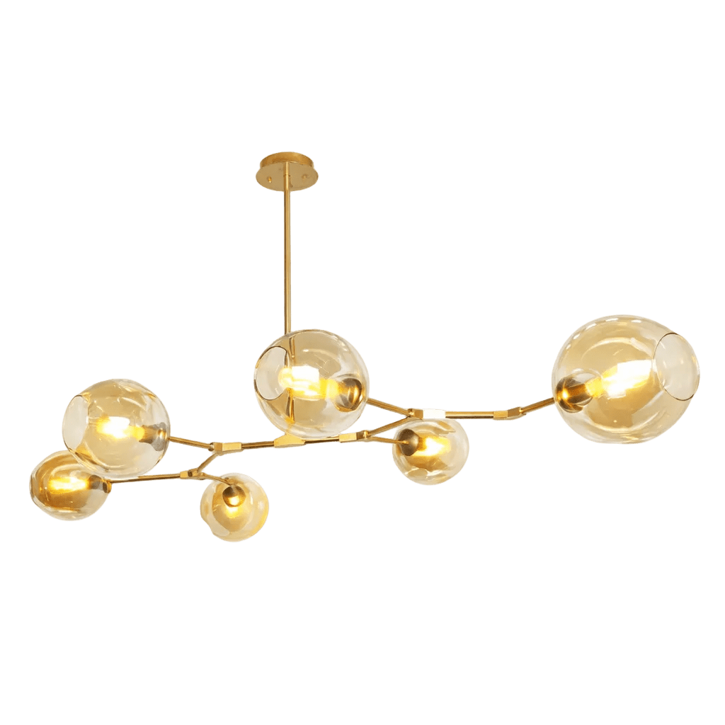 Gold and amber 6-light molecule horizontal pendant with clear glass globes and a gold finish, suspended from a ceiling mount.