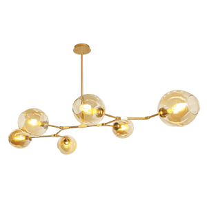 Gold and amber 6-light molecule horizontal pendant with clear glass globes and a gold finish, suspended from a ceiling mount.