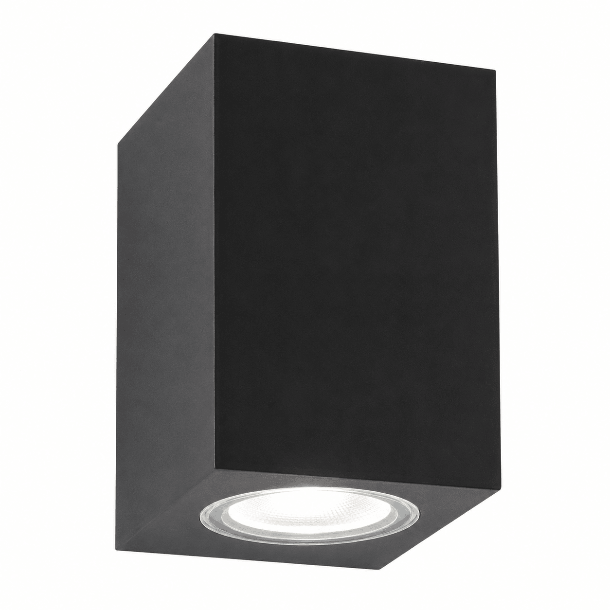 Black LED outdoor wall light with a sleek design, featuring a GU10 bulb holder for directional illumination.