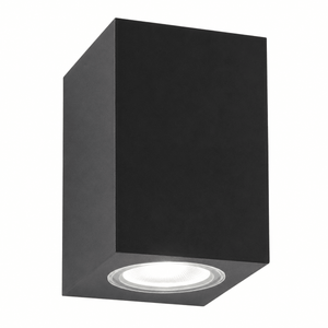 Black LED outdoor wall light with a sleek design, featuring a GU10 bulb holder for directional illumination.