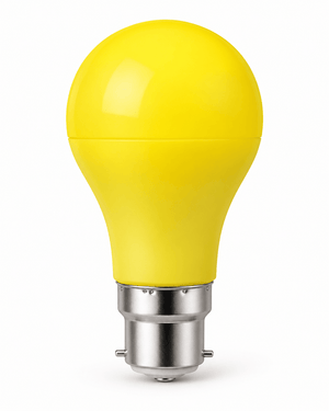 A yellow A60 LED bulb with a B22 cap, designed for decorative indoor lighting.