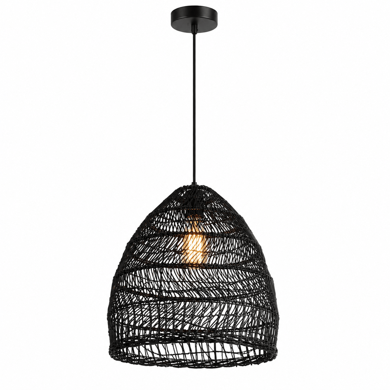 Black rattan pendant light with a unique woven design, suspended from a black ceiling mount.