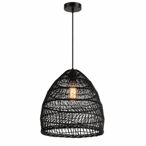 Black rattan pendant light with a unique woven design, suspended from a black ceiling mount.