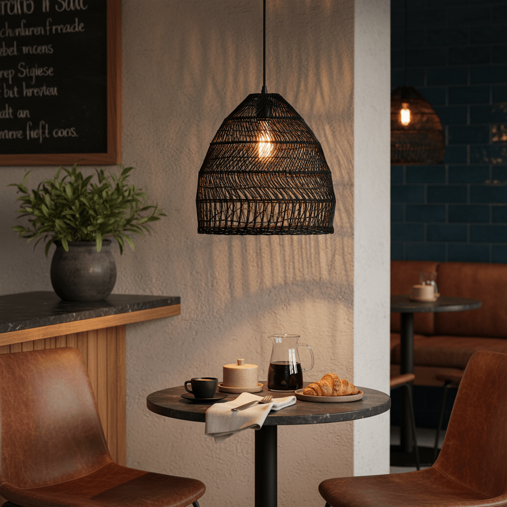 Black rattan pendant light hanging over a cozy café table with coffee and pastries.