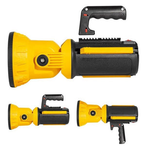 Portable LED searchlight shown in handle, side and rear views