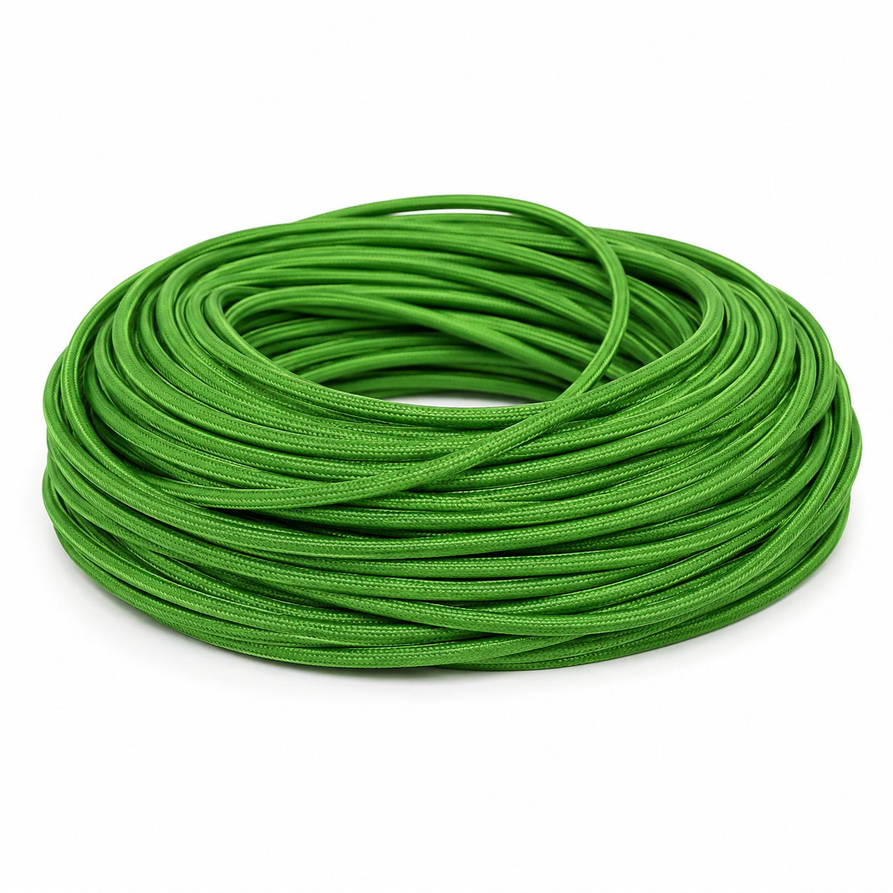 Coiled 2-core fabric cable in vibrant green, ideal for indoor lighting applications.