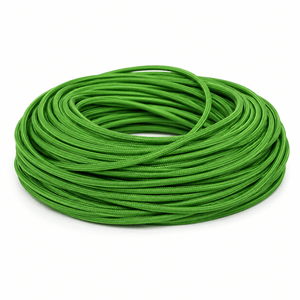 Coiled 2-core fabric cable in vibrant green, ideal for indoor lighting applications.