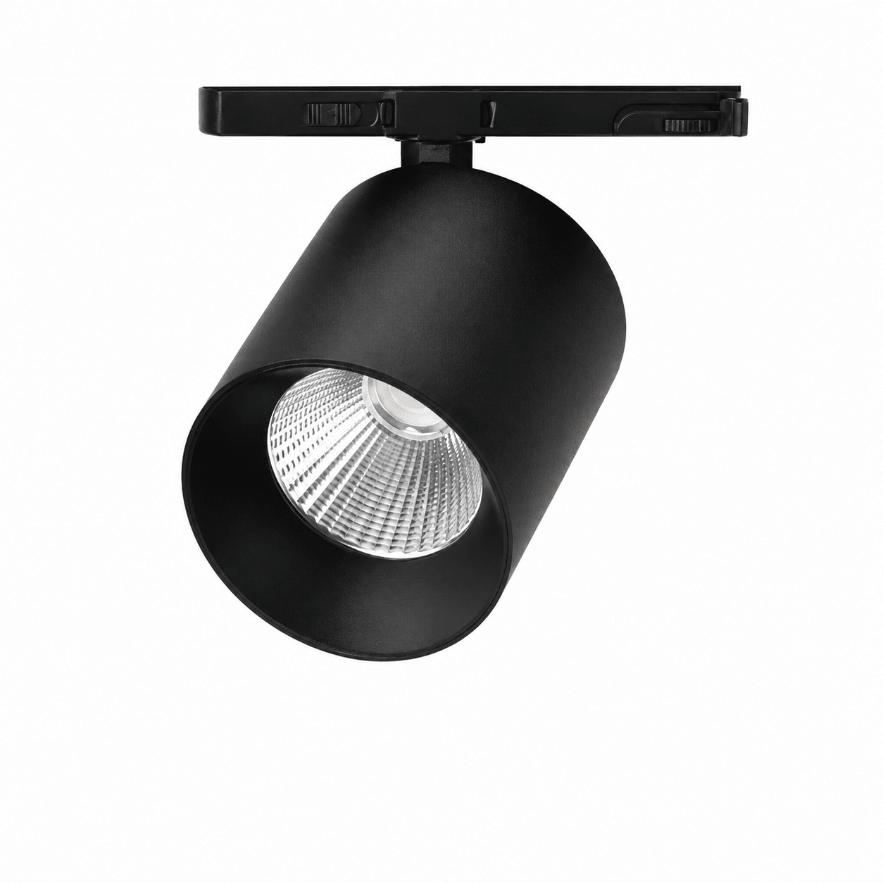 Black adjustable LED track spot light with a cylindrical design and clear lens, mounted on a track.