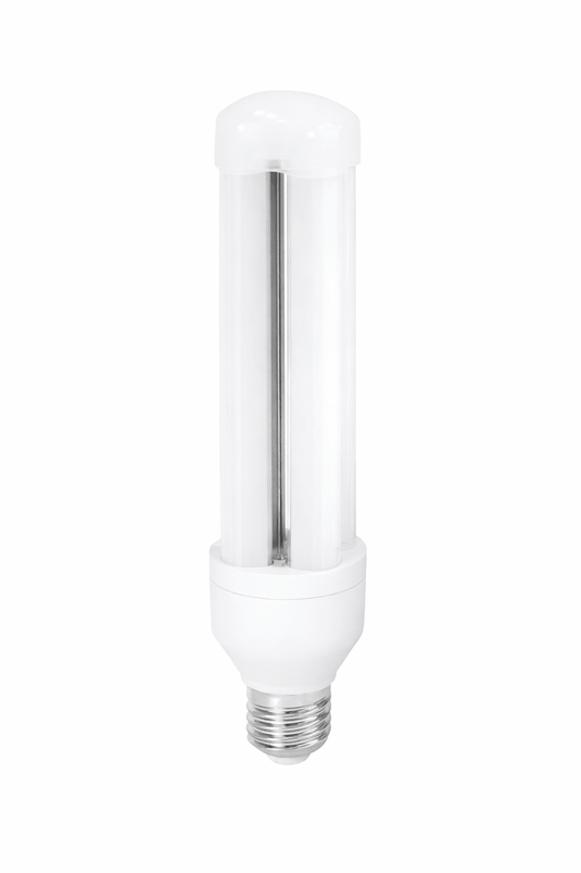 High power LED bulb with a white plastic and metal design, ideal for indoor lighting.