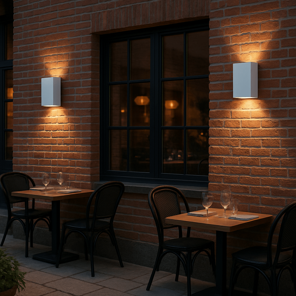 Outdoor dining area with tables, chairs, and wall lights on a brick building.