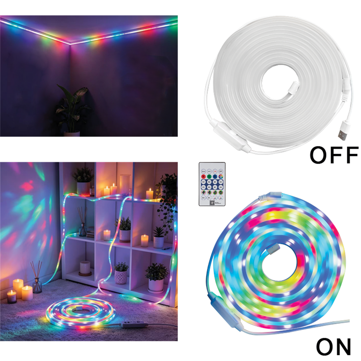 5m IC-RGB LED strip coil with remote and illuminated room examples, transparent background.