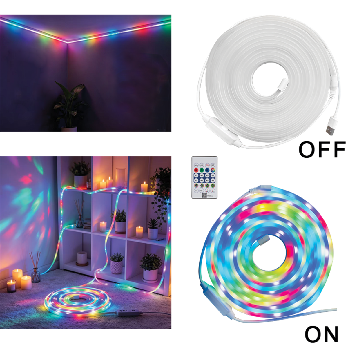 5m IC-RGB LED strip coil with remote and illuminated room examples on a white background.