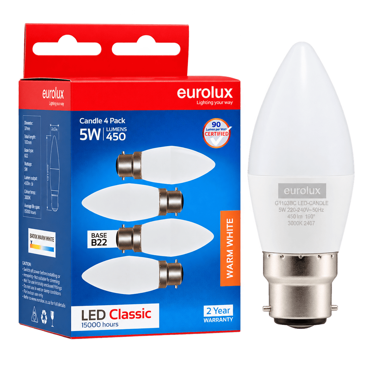 5W B22 warm white candle LED bulb beside its packaging, transparent background