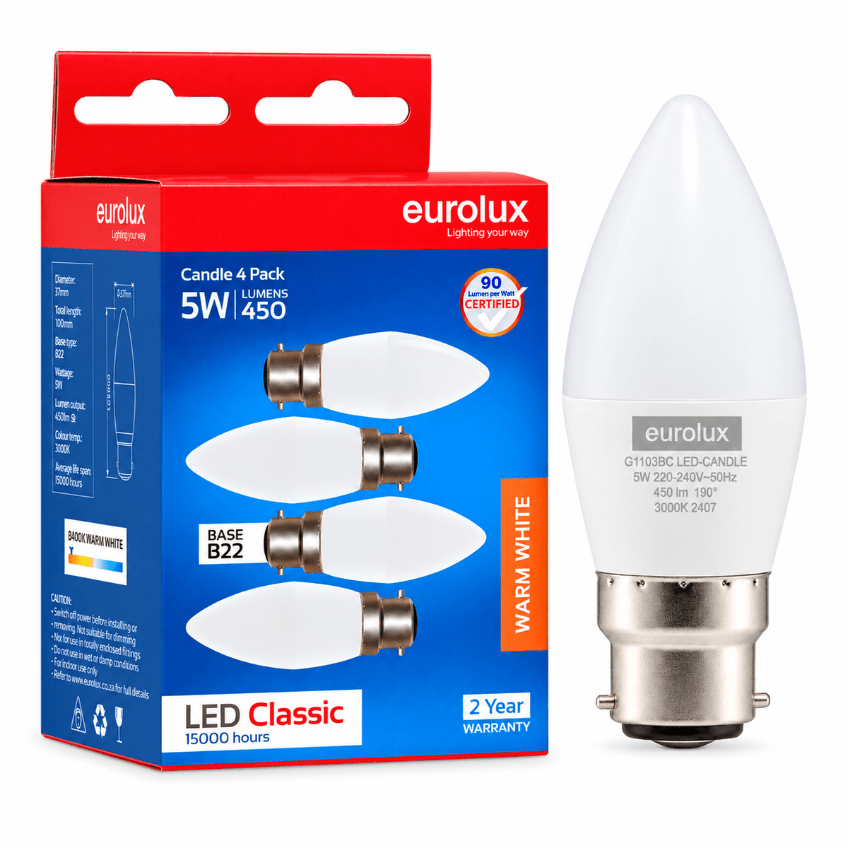 5W B22 warm white candle LED bulb beside its packaging on white background