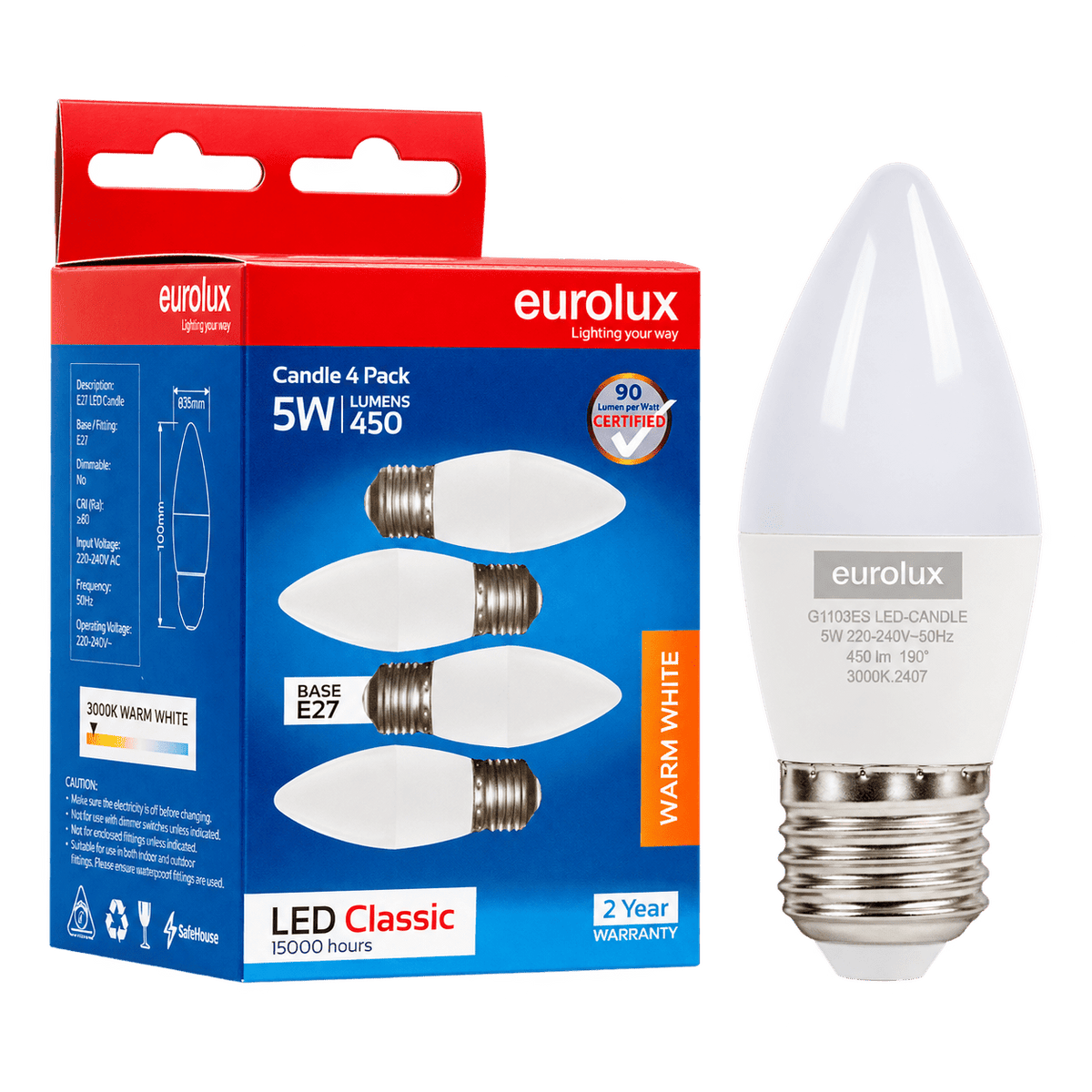 5W E27 warm white candle LED bulb beside its packaging, transparent background