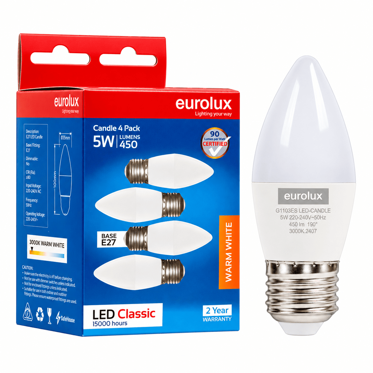 5W E27 warm white candle LED bulb beside its packaging on white background