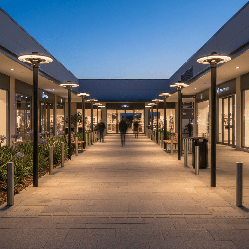 Illuminated outdoor walkway featuring multiple post-top lights, enhancing visibility for shoppers.
