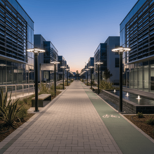 Outdoor pathway illuminated by Orbit CCT LED Post Lamps, showcasing a modern commercial setting at dusk.