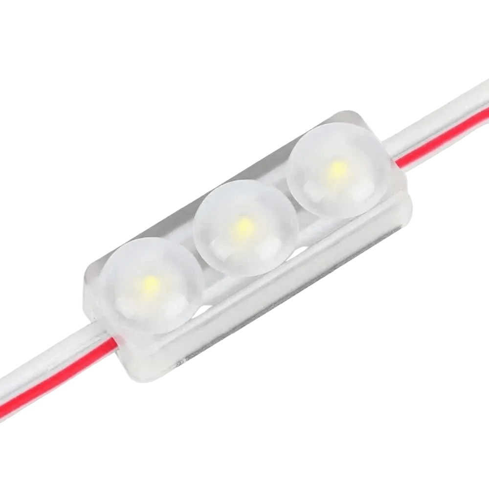 Three round LED lights in a clear plastic housing, connected by red and white wires.