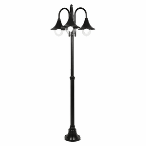 Three-light post lamp with a black aluminum body and clear covers, designed for outdoor use.
