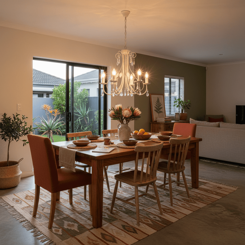 Elegant chandelier with clear acrylic crystals hanging above a wooden dining table set for a meal.