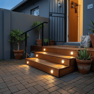 LED deck lights illuminating wooden steps, enhancing safety and ambiance in an outdoor setting.