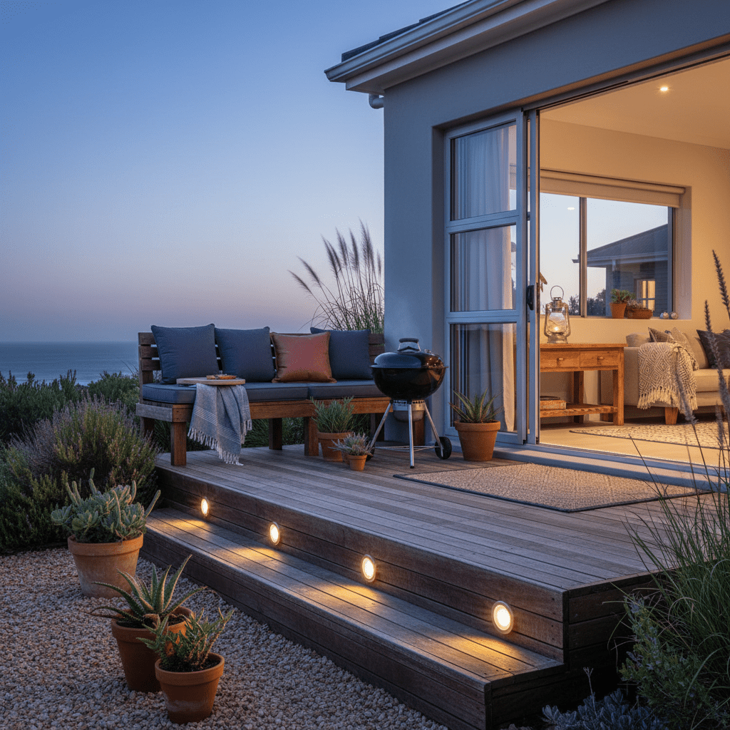 Warm white LED deck lights illuminate wooden steps, enhancing outdoor ambiance with potted plants and seating.