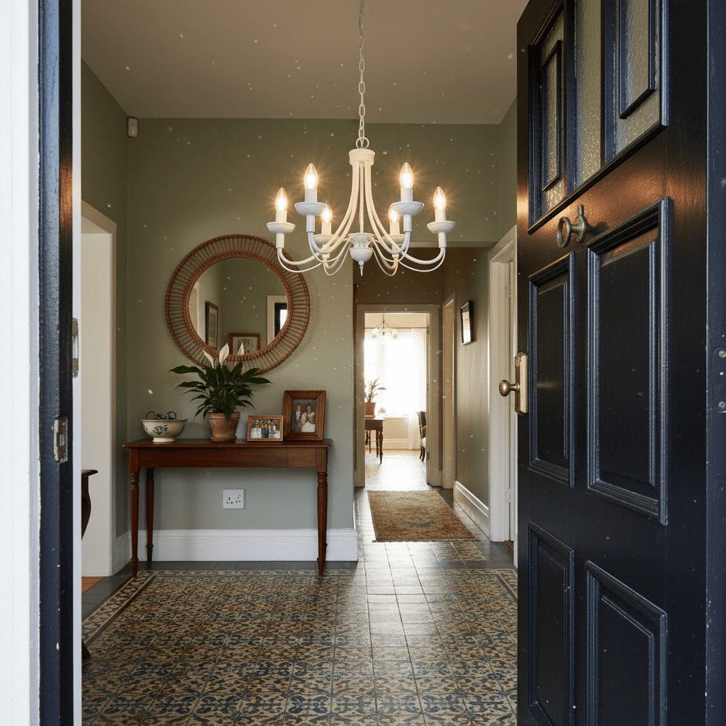 White 5-light chandelier hanging in an elegant hallway with patterned floor tiles and a wooden console table.