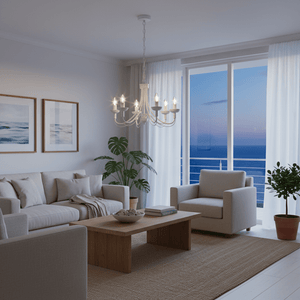 White 5-light chandelier hanging in a modern living room with a sea view.