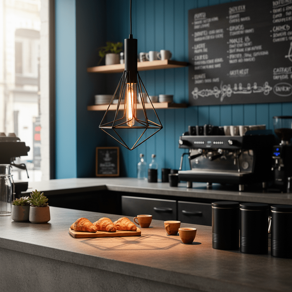 Black metal pendant light hanging above a kitchen counter with croissants and coffee cups.