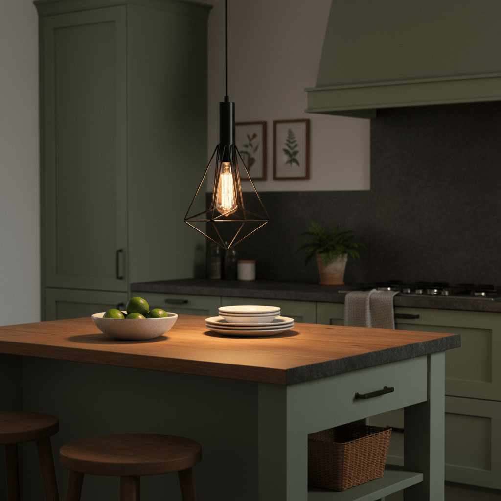 Black metal pendant light hanging above a wooden kitchen island with a bowl of limes and stacked plates.
