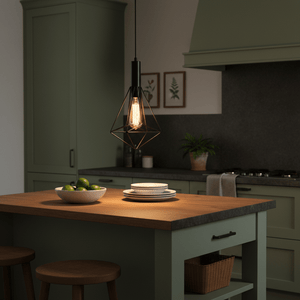 Black metal pendant light hanging above a wooden kitchen island with a bowl of limes and stacked plates.