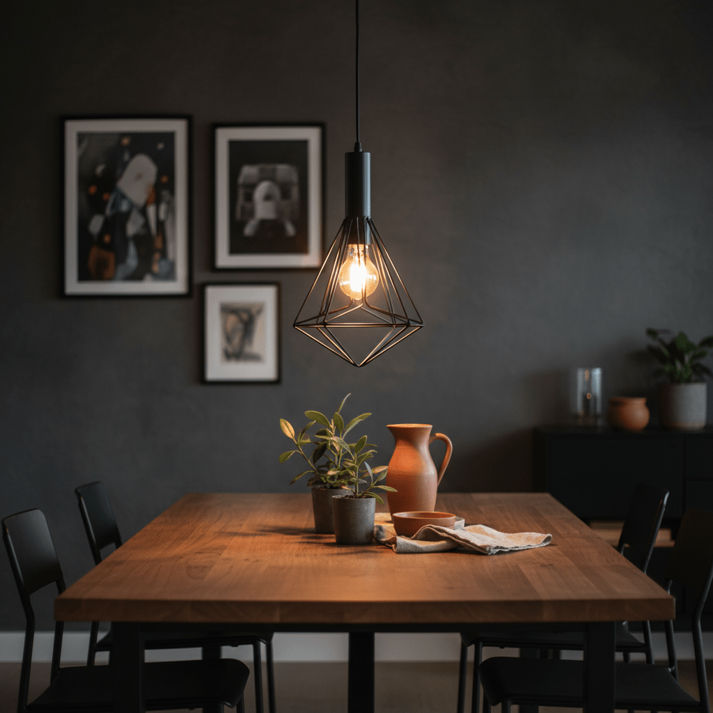 Black metal pendant light with geometric design hanging above a wooden dining table, surrounded by plants and decor.