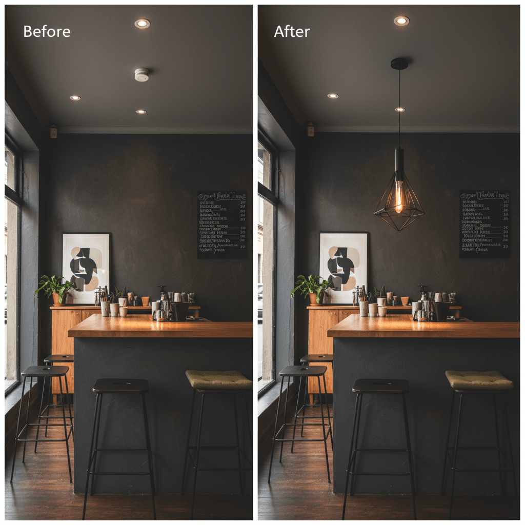 Before and after comparison of a kitchen bar area, showcasing a black metal pendant light installation.
