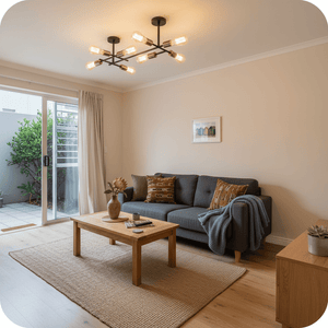 Stylish black and satin brass ceiling light fitting illuminating a modern lounge with a cozy sofa and coffee table.