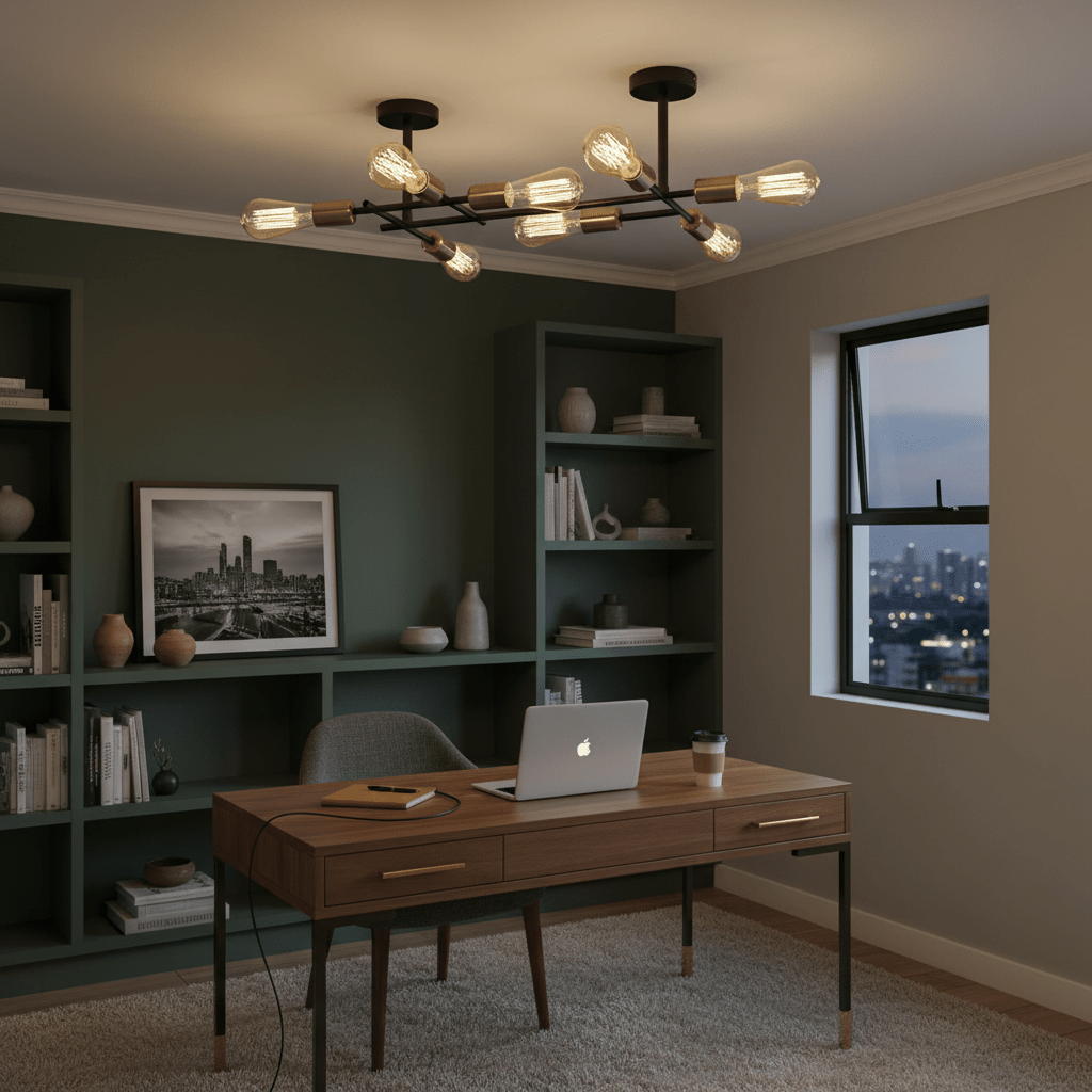 Stylish black and satin brass ceiling light fitting illuminating a modern office space with a wooden desk.