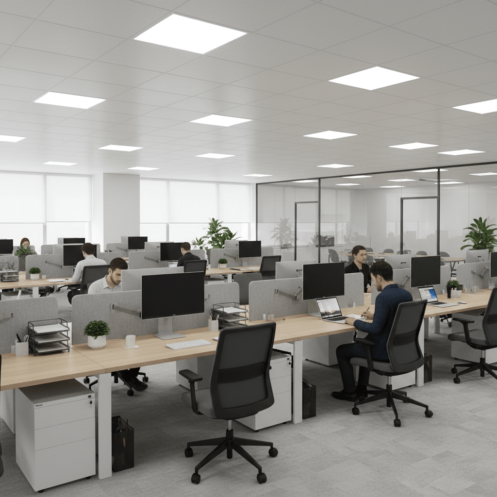 Bright office space featuring multiple workstations illuminated by back-lit LED panels.