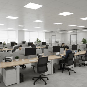 Bright office space featuring multiple workstations illuminated by back-lit LED panels.