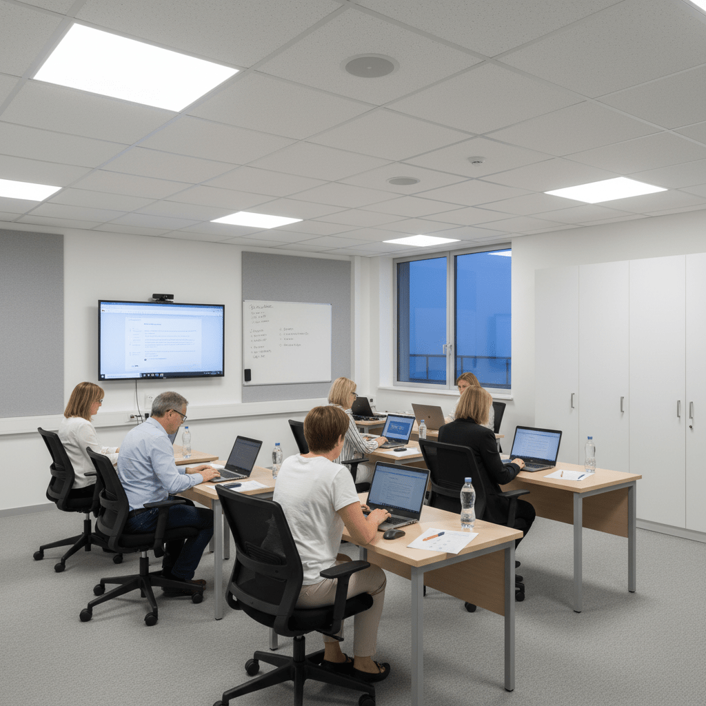 Office setting with multiple people working at desks under bright LED panels, promoting focused task lighting.