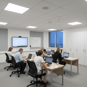 Office setting with multiple people working at desks under bright LED panels, promoting focused task lighting.