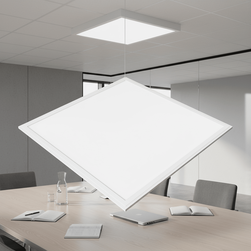 Stylish back-lit LED panel suspended above a modern conference table, providing even illumination.