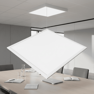 Stylish back-lit LED panel suspended above a modern conference table, providing even illumination.