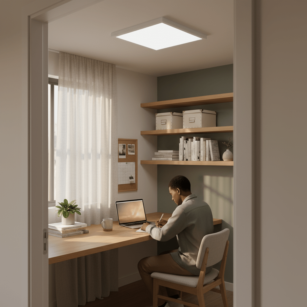 A person writing at a desk under a back-lit LED panel in a cozy home office setting.
