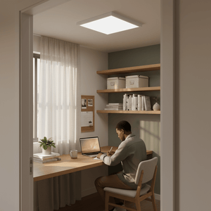 A person writing at a desk under a back-lit LED panel in a cozy home office setting.