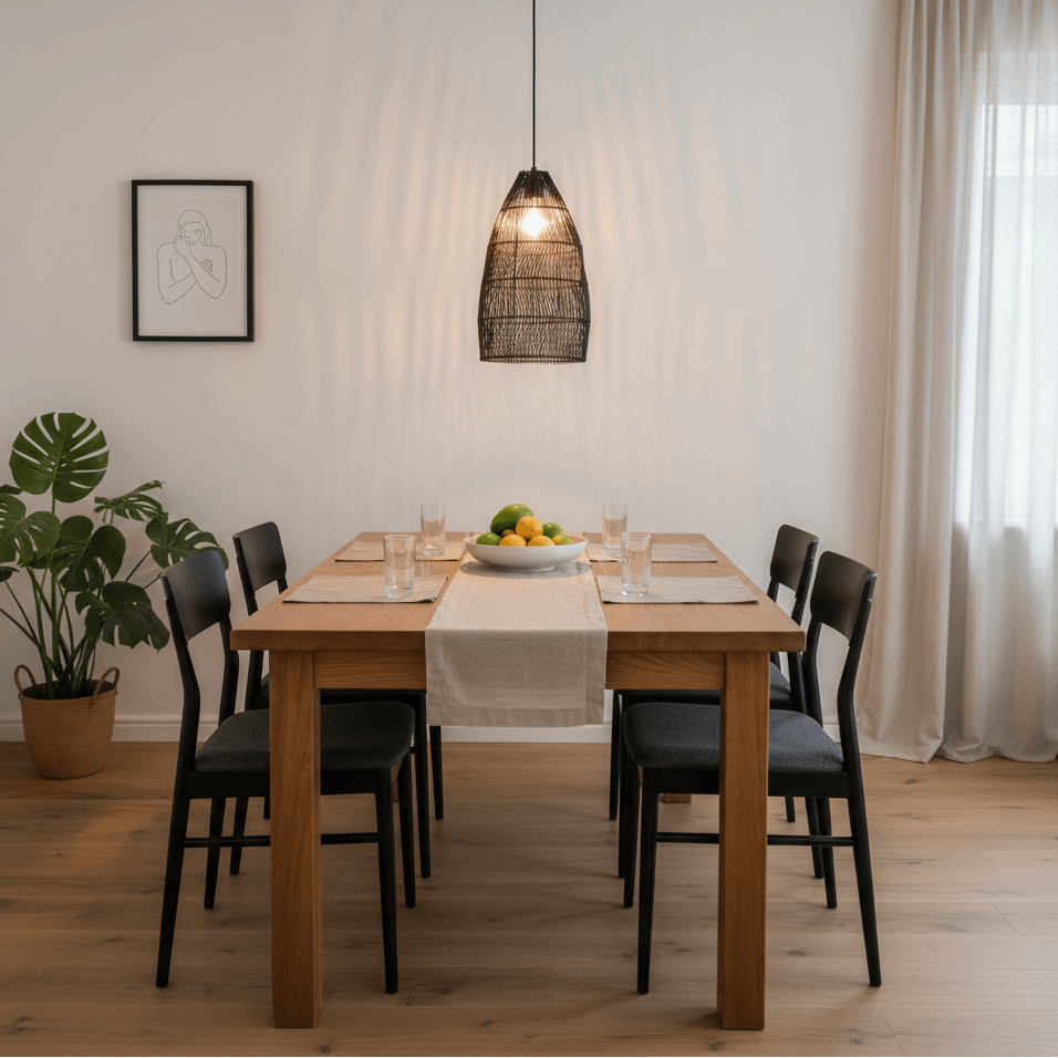 Black rattan pendant light hanging above a wooden dining table set with glasses and a fruit bowl.